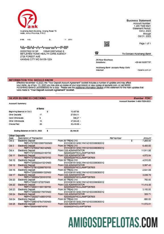 Baixável Huishang Bank Firm modelo de extrato de conta Word e PDF